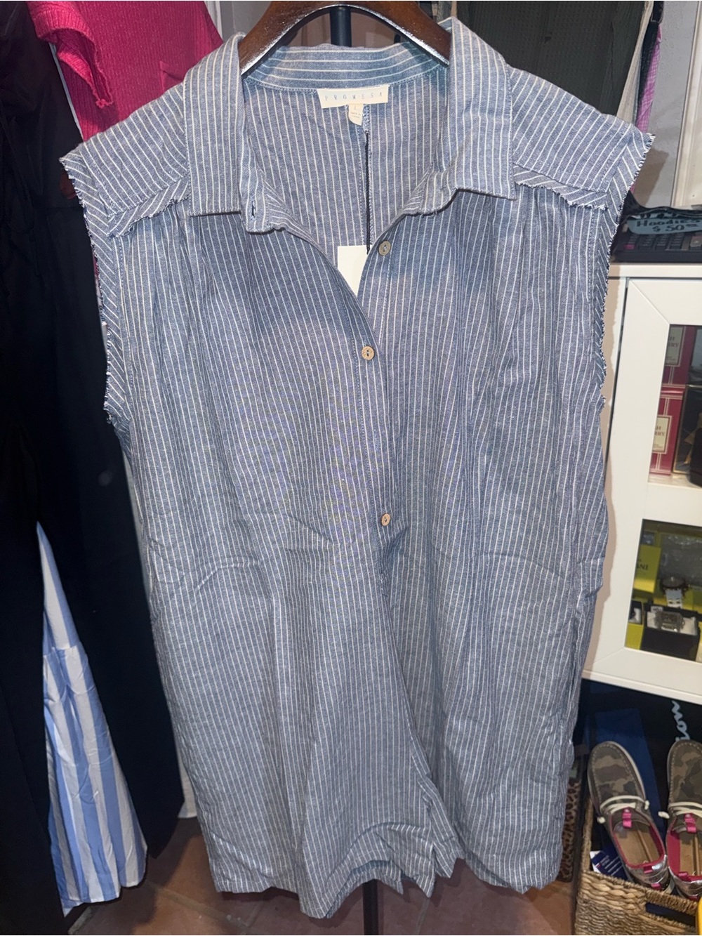 Sleeveless Blue Pinstripe Shirt Dress